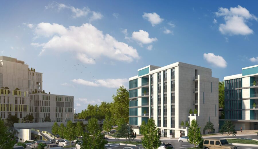 A 3D rendering of a building's exterior (three of eight in the image gallery)