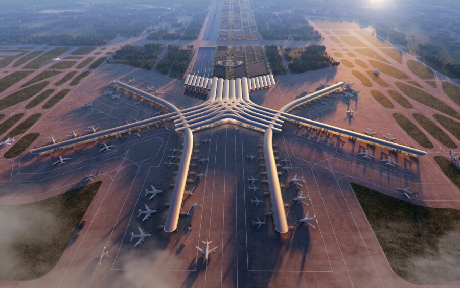 A 3D rendering of a busy airport filled with planes.