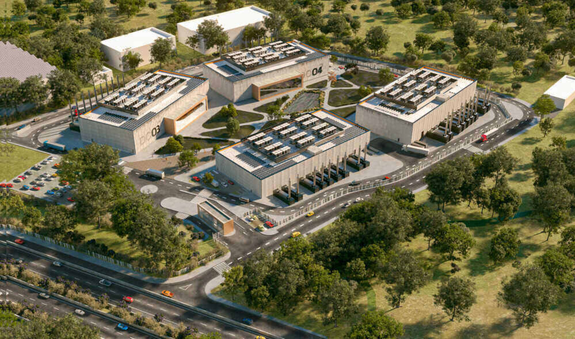 An aerial shot of a four-building complex