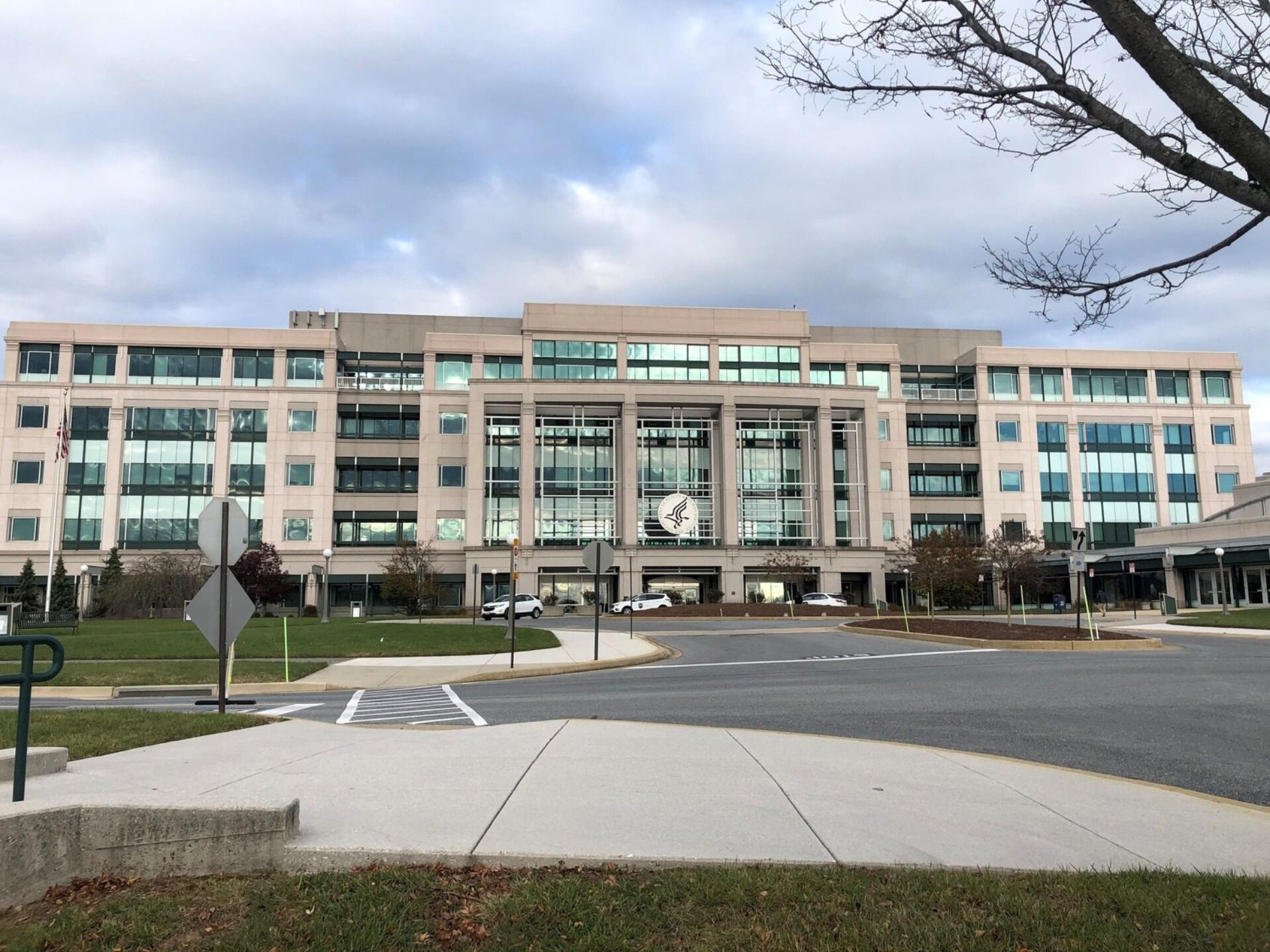 The front of a large office building.