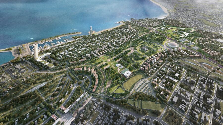 A rendering of a new residential area featuring many parks and greenery.