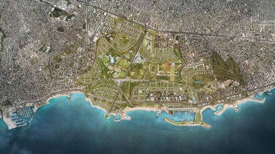 A satellite image of a city with a rendering of a new residential area featuring many parks and greenery.