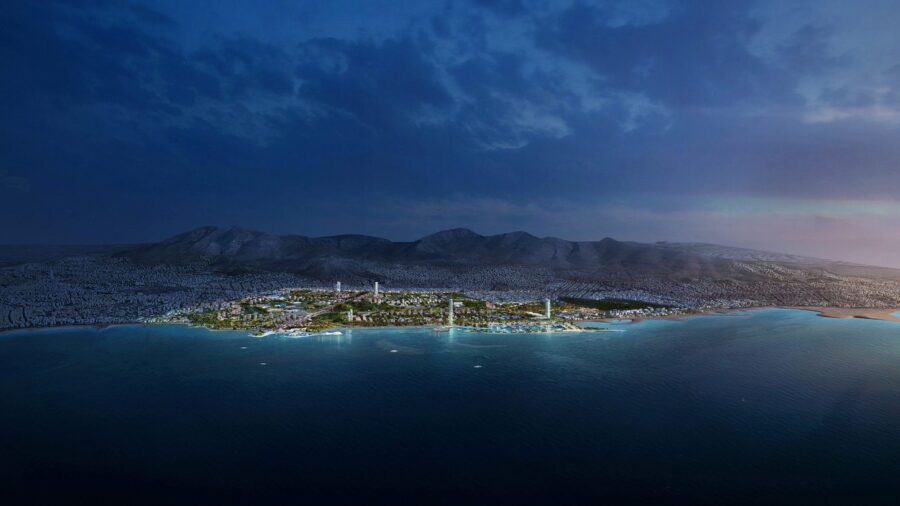 A rendering of a distant and bright coastline of a new residential area.