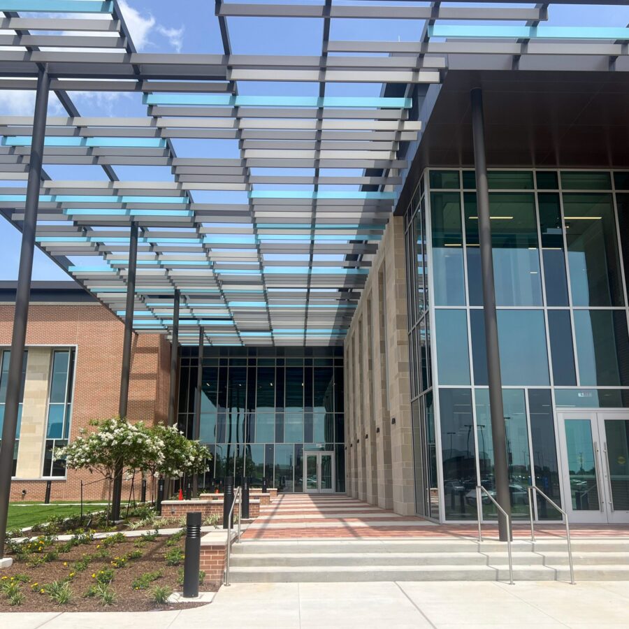 Exterior of building with large windows