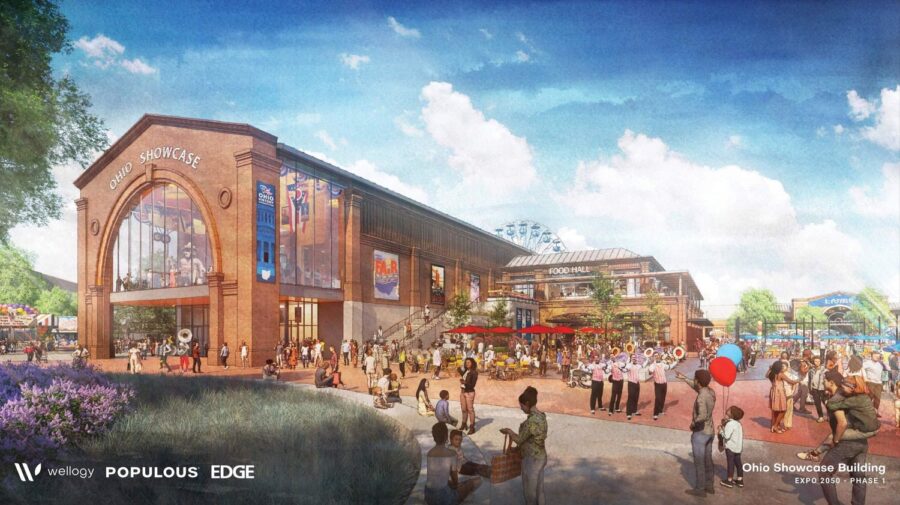 A large building surrounded by large groups of people, greenery, and carnival attractions.