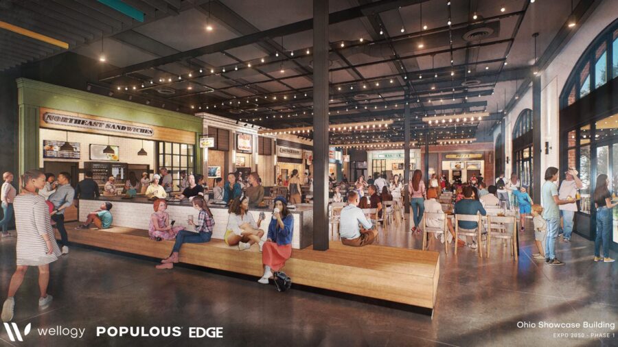 A rendering of a large indoor common area filled with people standing and seated at tables and benches.