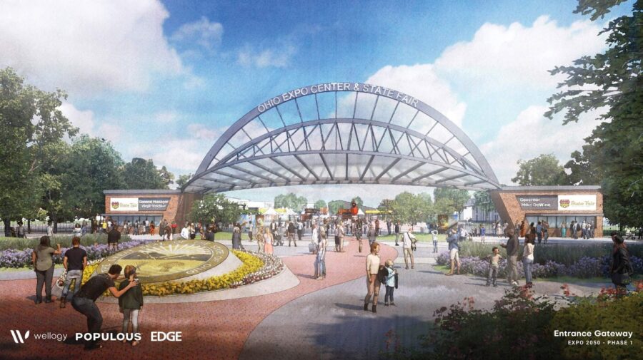 A rendering of the Ohio Expo Center and State Fair, filled with people.