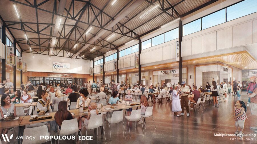 A rendering of a large cafeteria filled with people seated at long tables.