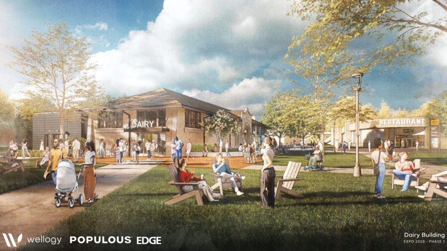 A render of public park filled with people.