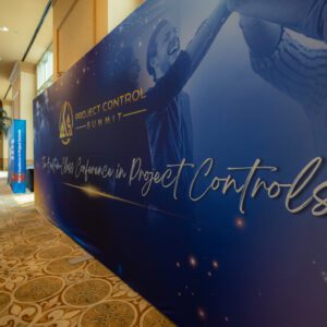 inside of a building with a large sign