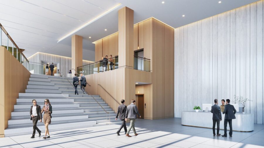 A 3D rendering of people conducting various business within a large room.