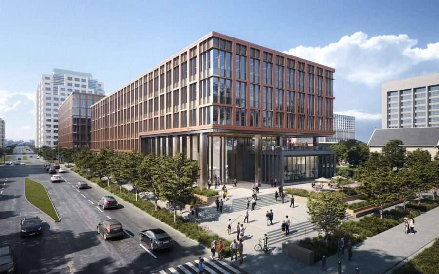 A 3D rendering of people entering a large building.