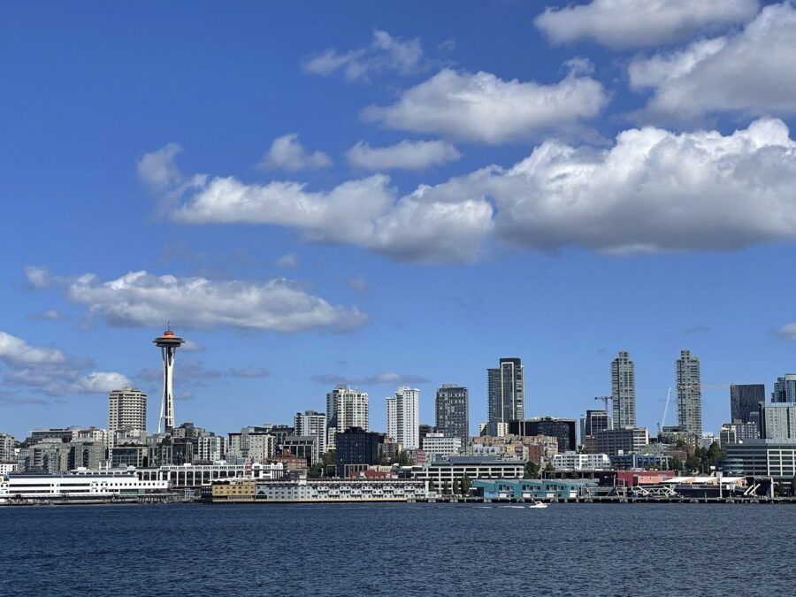 The Seattle skyline, from the perspective of a distant ferry.