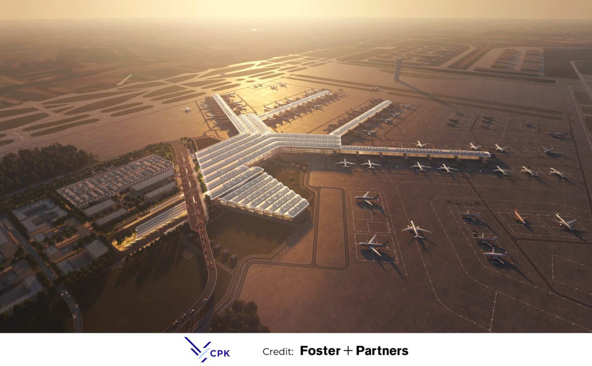 A 3D rendering of a busy airport filled with planes.