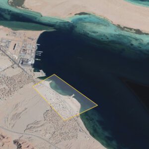A satellite view of a coastline with yellow square outlining the area for the purposed Safaga Port.