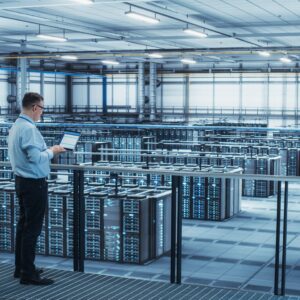 Data,Center,Engineer,Using,Laptop,Computer.,Server,Farm,Cloud,Computing