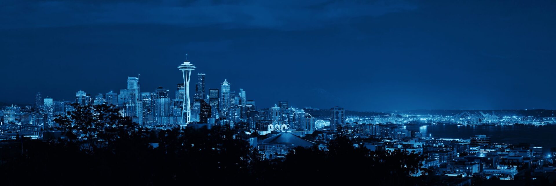 Seattle,City,Skyline,At,Night,With,Urban,Office,Buildings,Viewed