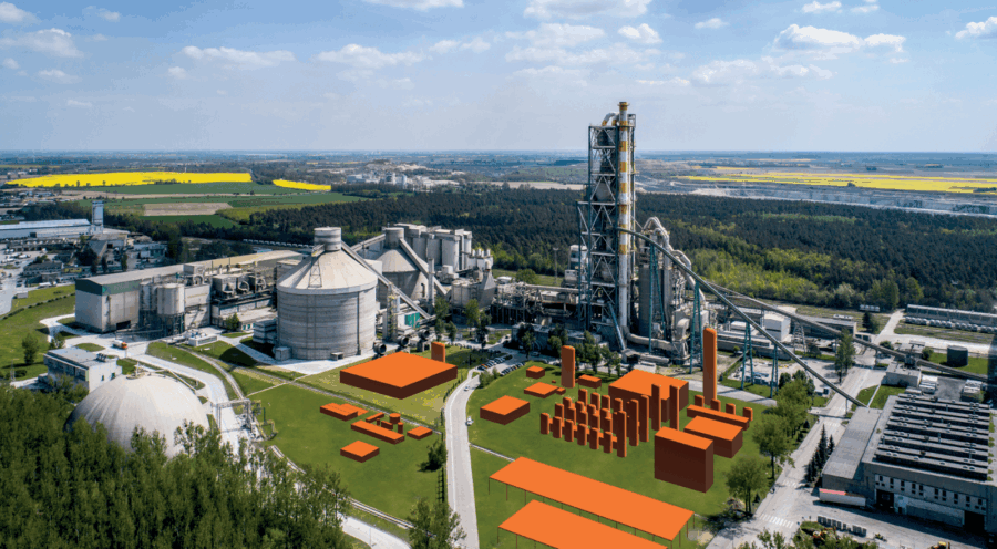 A cement plant with rough 3D renderings showing the new expansion.