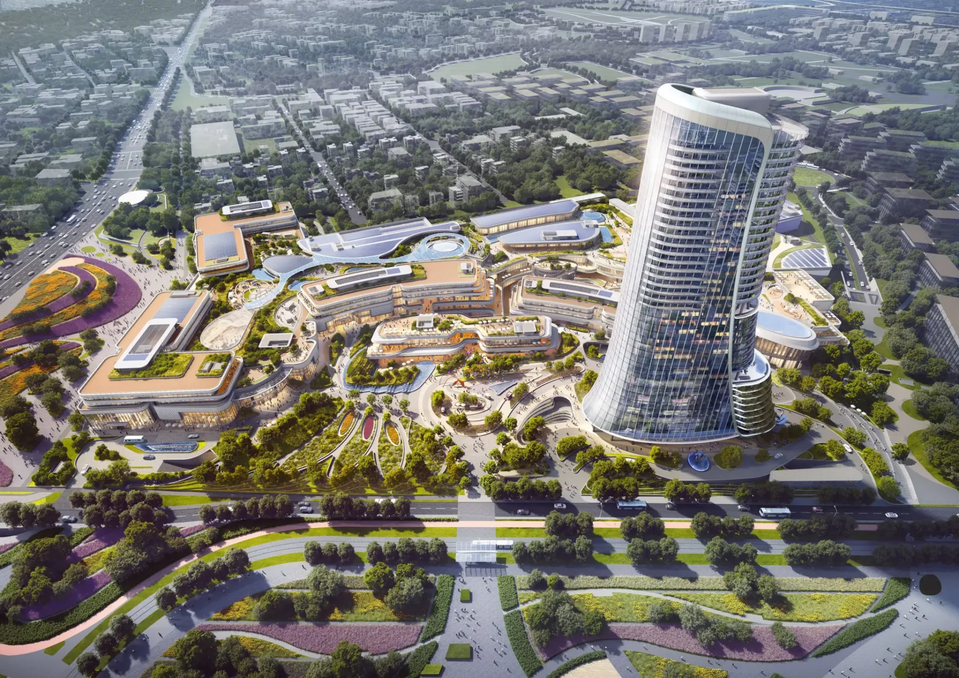 A rendering of a new residential area featuring futuristic buildings and lush parks.