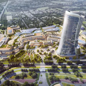 A rendering of a new residential area featuring futuristic buildings and lush parks.